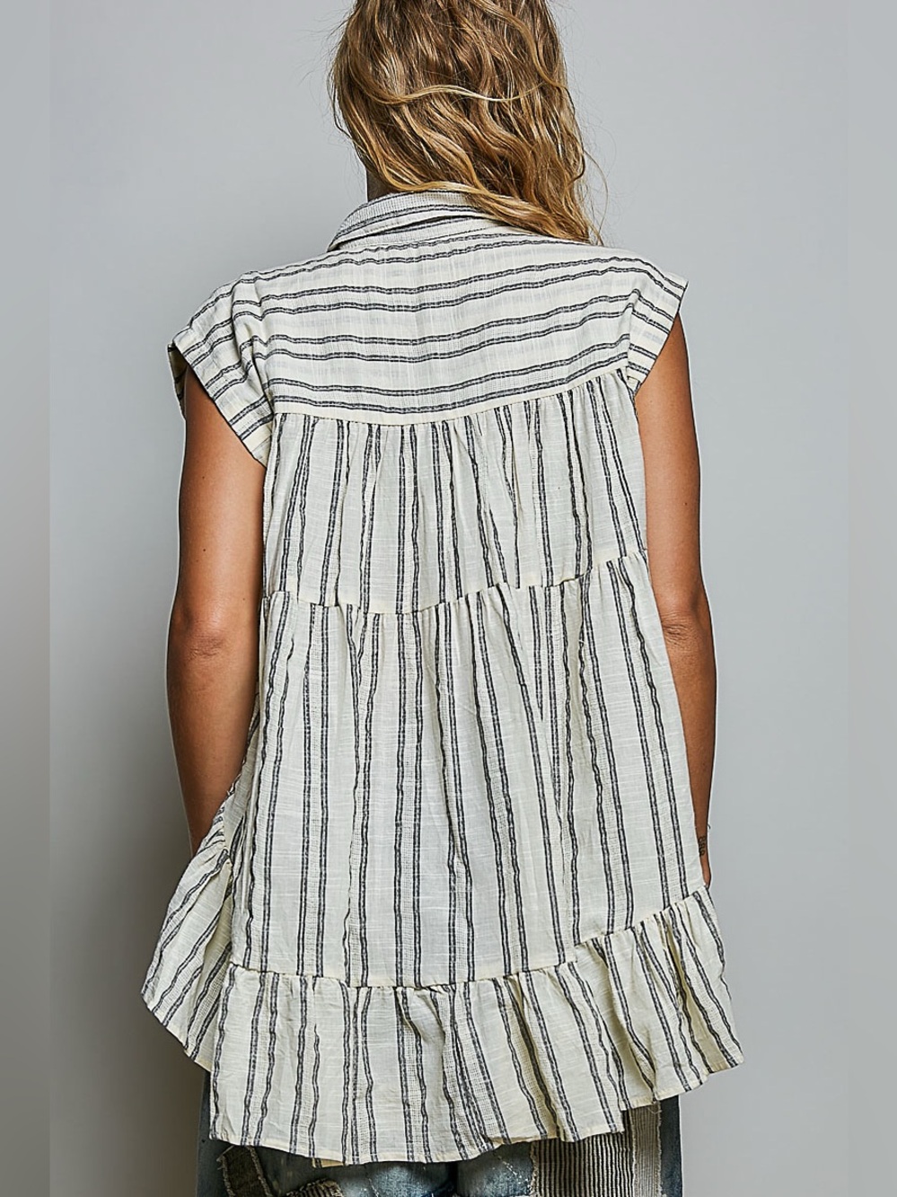 POL Striped Ruffle Collared Sleeveless Cotton Top - Picture 6 of 7